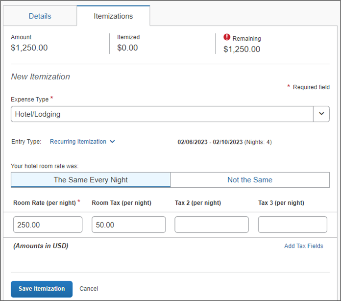 How do I itemize a hotel expense with additional items? Columbia